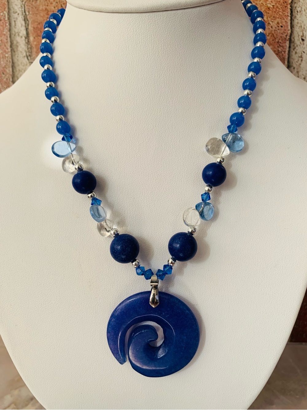 Blue Stone Swirl Pendant and Glass Beaded Necklace